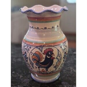 VINTAGE DERUTA ITALY Hand Painted Rooster Pitcher Vase - Signed Dip. A Mano 10"